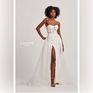 Colette by Daphne Strapless Lace Corset Wedding Gown Slit CL8660 Size 4
